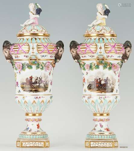 PR. LARGE KPM NEOCLASSICAL PORCELAIN COVERED URNS, BATTLE SC...