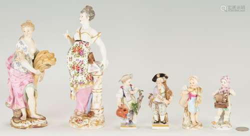 6 PORCELAIN FIGURES, MOST MEISSEN, INCLUDING MAGICIAN CHERUB