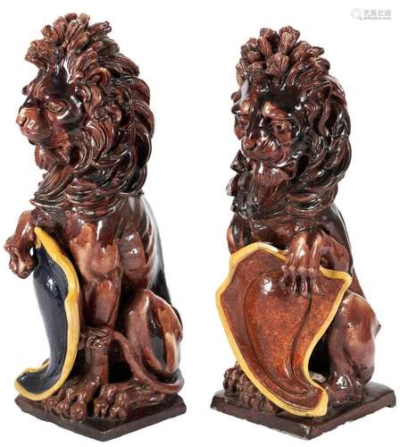 RARE PAIR OF DOULTON LAMBETH HERALDIC FLOOR LIONS