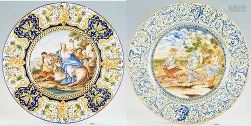 2 LARGE ITALIAN MAJOLICA ISTORIATO CHARGERS