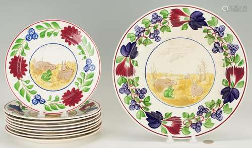 RABBIT STICK SPATTER POTTERY PLATTER AND PLATES, 10 PCS.