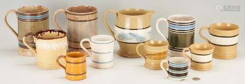 6 MOCHA DECORATED YELLOWWARE PCS. + 5 MOCHAWARE MUGS, 11 ITE...