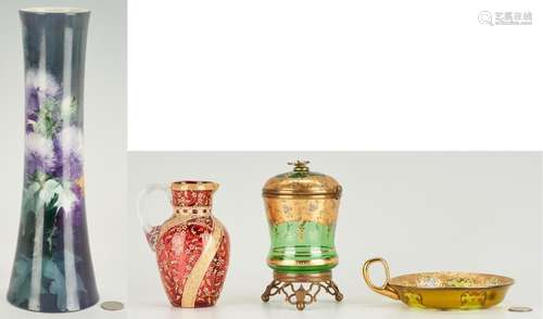 4 DECORATIVE ITEMS, 3 MOSER GILT ENAMELED GLASS, INCL. SIGNE...