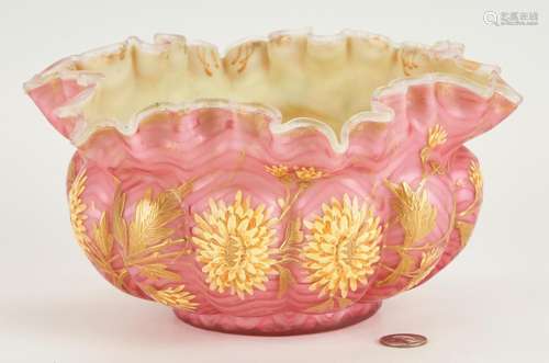 GILT SATIN GLASS AIR-TRAP BRIDE'S BASKET, POSS. WEBB