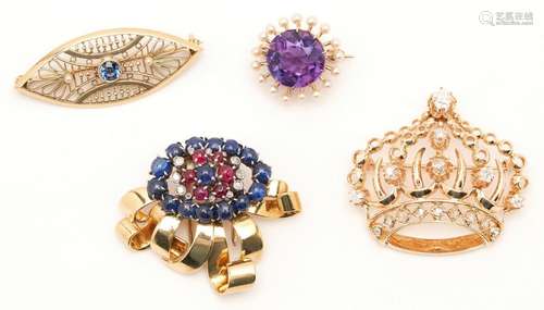 4 LADIES GOLD & GEMSTONE BROOCHES