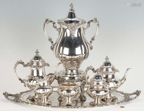 7 PCS. WALLACE GRAND BAROQUE STERLING TEA SET, PLUS SILVERPL...