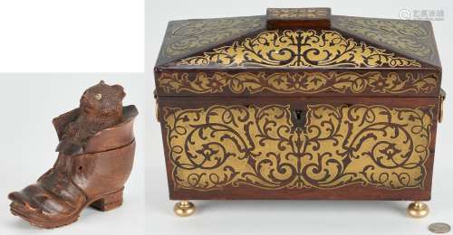 ROSEWOOD BRASS INLAID TEA CADDY & BLACK FOREST INKWELL, ...