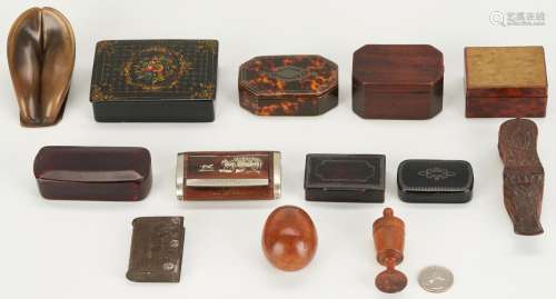 13 SNUFF & MATCH BOXES: LACQUER, HORN, FAUX TORTOISE