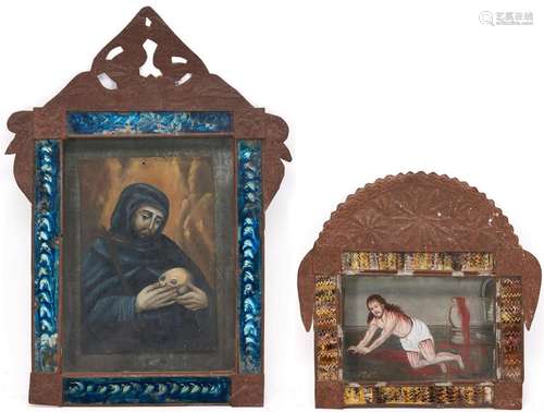 2 FRAMED MEXICAN FOLK ART RETABLOS, LORD OF THE COLUMN &...