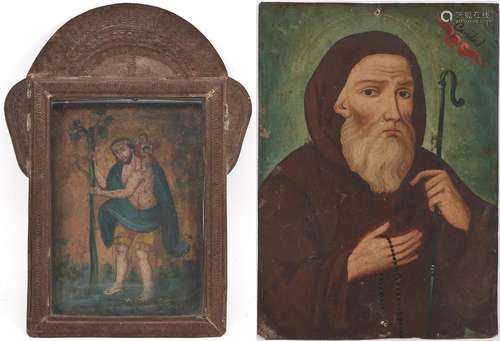 2 MEXICAN FOLK ART RETABLOS, ST. CHRISTOPHER & ST. FRANC...