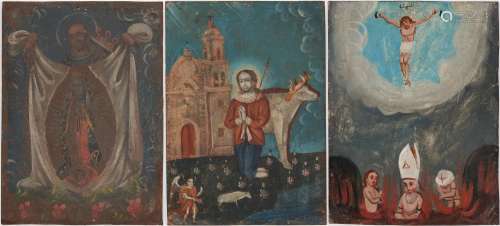 3 MEXICAN RETABLOS, CROSS OF SOULS, JUAN DIEGO, ST. ISIDORE