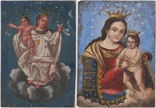 2 MEXICAN FOLK ART RETABLOS, MADONNA & CHILD