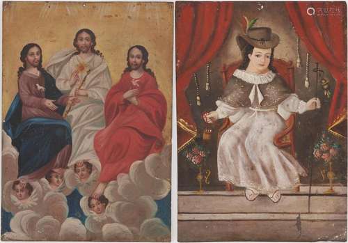 2 MEXICAN FOLK ART RETABLOS, HOLY TRINITY & HOLY CHILD O...