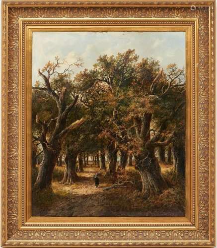 ATTR. HENDRIK PIETER KOEKKOEK OIL ON CANVAS, FOREST PATH WIT...