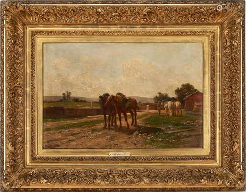 CLEMENT QUINTON O/C RURAL GENRE PAINTING, FIGURE WITH HORSES