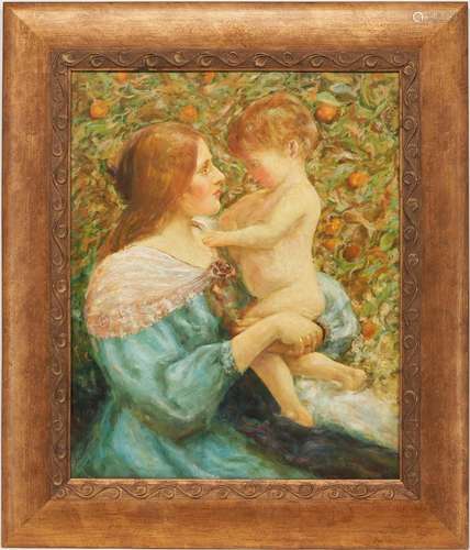 PRE-RAPHAELITE STYLE O/B PAINTING, MOTHER & CHILD