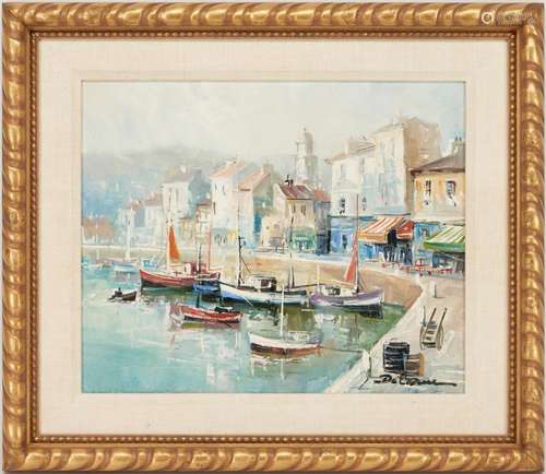 LUCIEN DELARUE O/C FRENCH HARBOR SCENE PAINTING, PORT DE CAG...