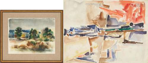 2 GUS BAKER WATERCOLOR PAINTINGS, LANDSCAPE & ABSTRACT