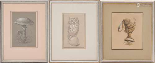 3 WERNER WILDNER ARTWORKS, INCL. GNOME, OWL, MUSHROOMS