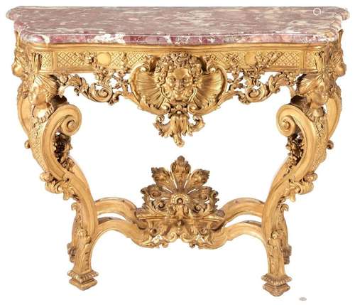 BAROQUE STYLE MARBLE TOPPED GILTWOOD FIGURAL CONSOLE TABLE