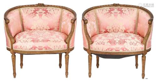 PAIR FRENCH LOUIS XVI STYLE GILTWOOD TUB STYLE ARMCHAIRS