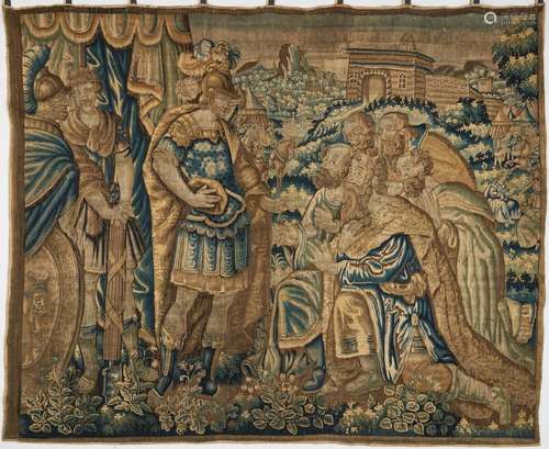 LARGE EARLY FLEMISH TAPESTRY WITH 4 IRON HANGERS