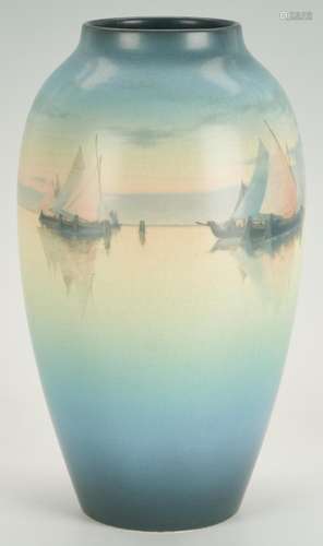 CARL SCHMIDT 13" ROOKWOOD VASE, MARINE HARBOR SCENE