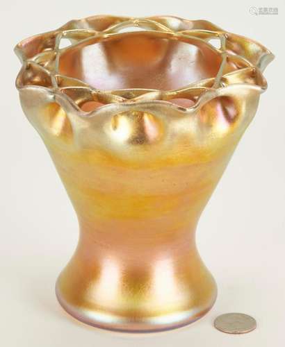 TIFFANY FAVRILE GOLD IRIDESCENT FLOWER FROG VASE