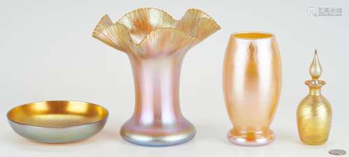 4 PCS. GOLD IRIDESCENT ART GLASS, INCL. QUEZAL, ATTR. STEUBE...