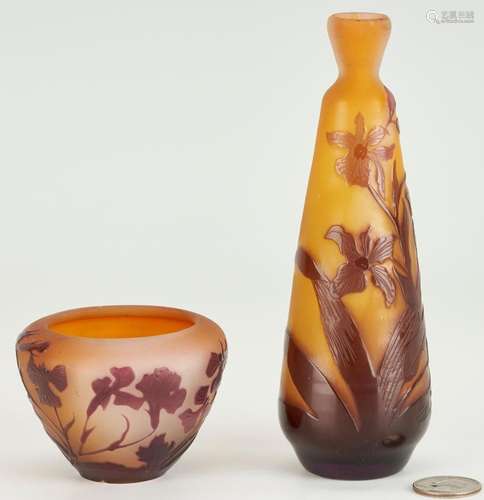 2 MINIATURE GALLE CAMEO GLASS VASES, ORCHID DESIGN