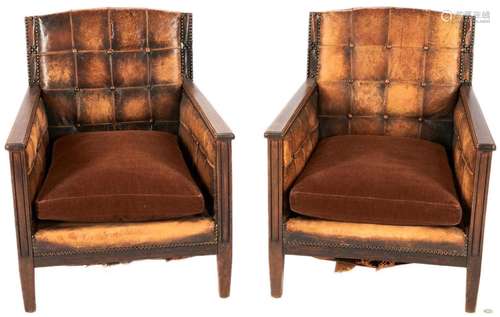 PAIR CONTINENTAL ART DECO BROWN LEATHER CLUB CHAIRS