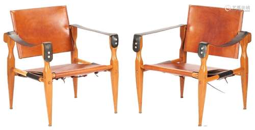 PAIR MID CENTURY LEATHER SAFARI CHAIRS