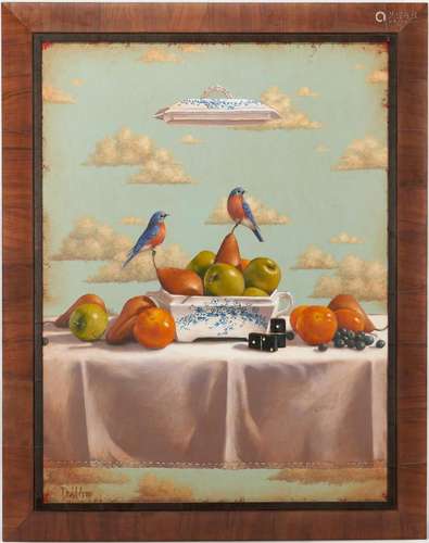 DAVID ARMS O/C SURREALIST STILL LIFE W/ BIRDS, HAND OF GOD