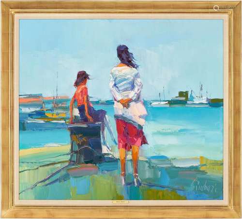 NICOLA SIMBARI O/C HARBOR SCENE PAINTING W/ FIGURES, TERERE