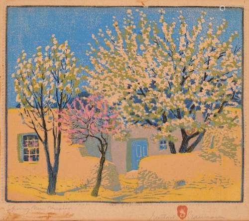 GUSTAVE BAUMANN SOUTHWEST COLOR WOODCUT, SPRING NEW MEXICO, ...