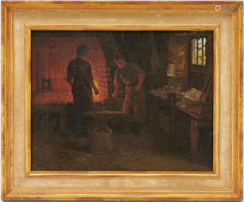 EXHIBITED WILLIAM BARR O/C PAINTING, BLACKSMITH AT MONTEREY