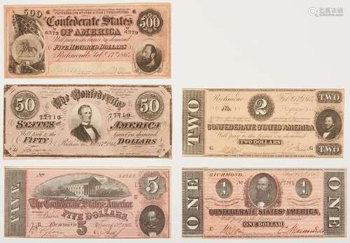 5 CSA 1864 CURRENCY NOTES, INCL. $500 STONEWALL NOTE, $50 J....