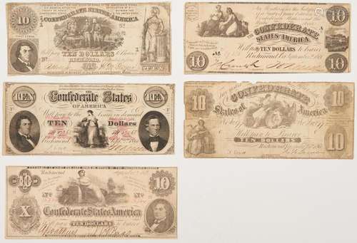 5 CSA 1861 $10 CURRENCY NOTES, INCL. T-30 SWEET POTATO DINNE...