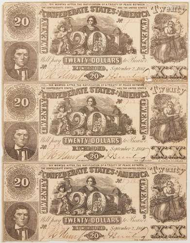 UNCUT SHEET OF 3 $20 CSA 1861 NOTES