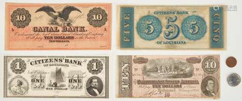 5 19TH CENT. OBSOLETE CURRENCY, INCL. 3 LA BANK NOTES, 2 CIV...