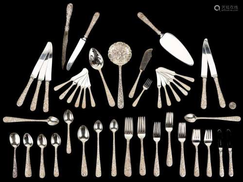 82 PCS. REPOUSSE STERLING SILVER FLATWARE, MOSTLY KIRK &...