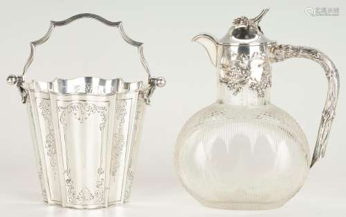 CONTINENTAL .800 SILVER ICE BUCKET AND CRYSTAL WINE EWER