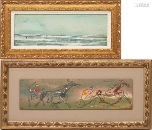 2 STERLING STRAUSER PAINTINGS: SEASCAPE AND TROTTER RACE