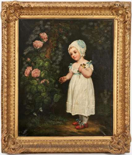 19TH C. O/C PORTRAIT PAINTING OF A CHILD WITH ROSE BUSH