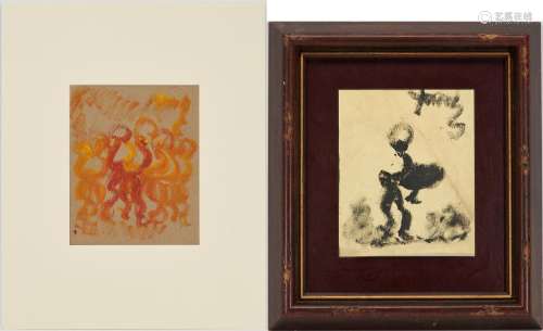 2 PURVIS YOUNG FOLK ART PAINTINGS, SKETCHES OF ABSTRACT FIGU...