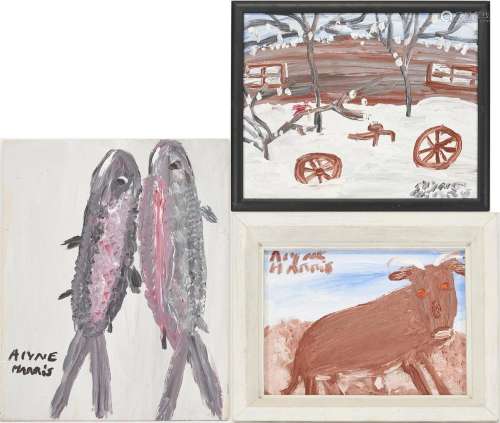 3 ALYNE HARRIS FOLK ART PAINTINGS, GOAT, FISH, & WINTER ...