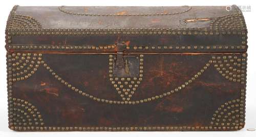 SMALL LEATHER DOME TOP TRUNK, BRASS TACK DECORATION