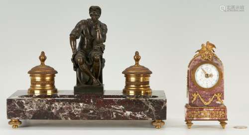 2 ORMOLU & MARBLE DESK ACCESSORIES: INKWELL AND CLOCK