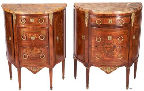 NEAR PAIR OF LOUIS XVI STYLE MARQUETRY DEMILUNE COMMODES