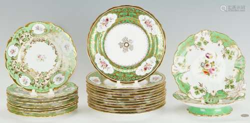 22 PCS. ENGLISH PORCELAIN WITH GREEN AND FLORAL BORDERS